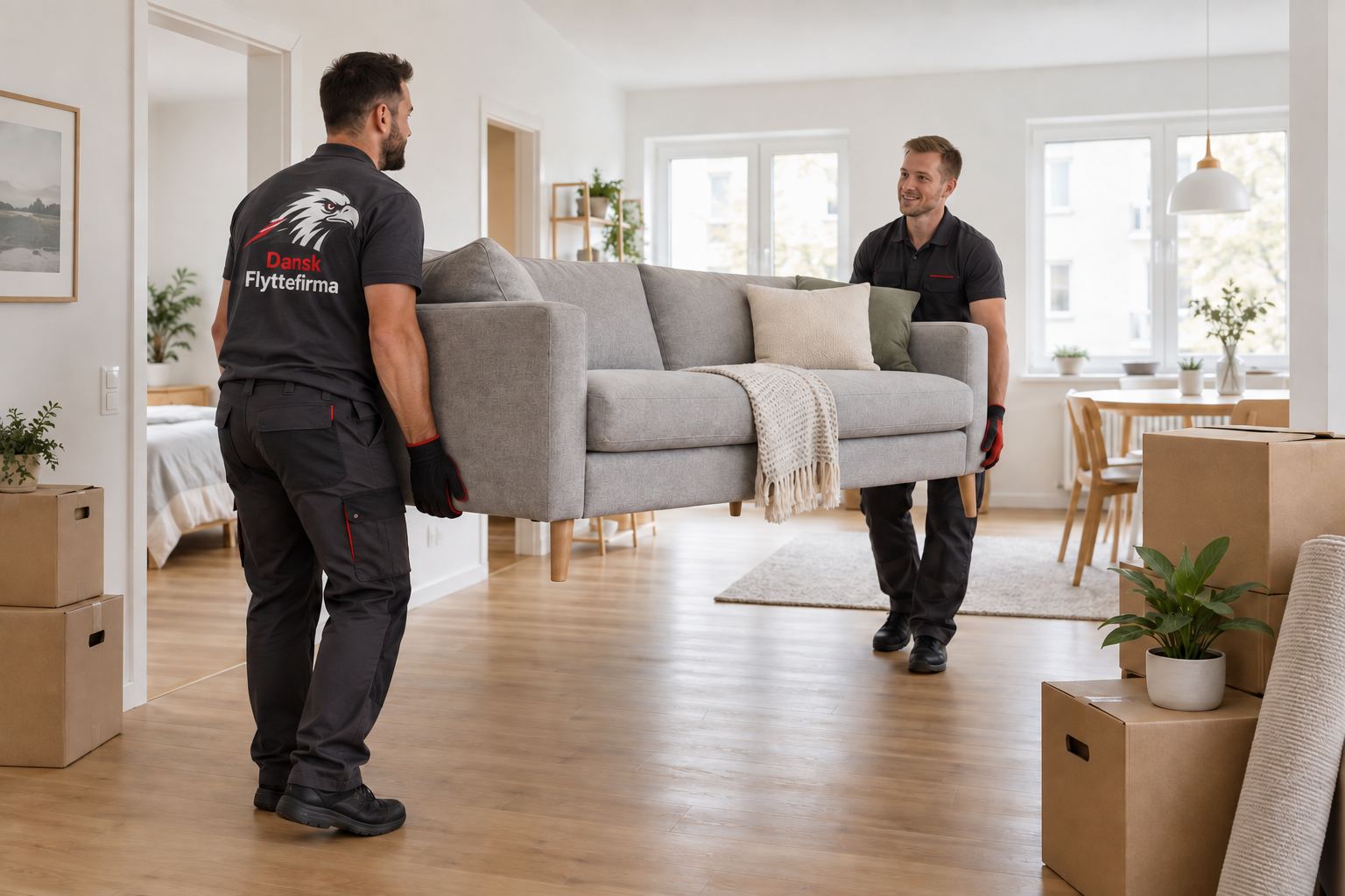 Flyttemænd bærer en beskyttet sofa i et lyst hjem